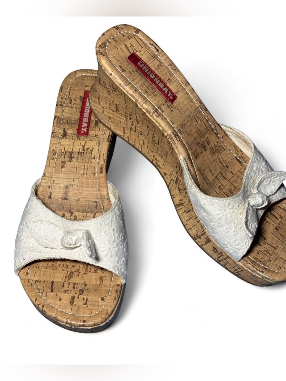 UNIONBAY Y2K White Embroidered Cork Wedge Slides